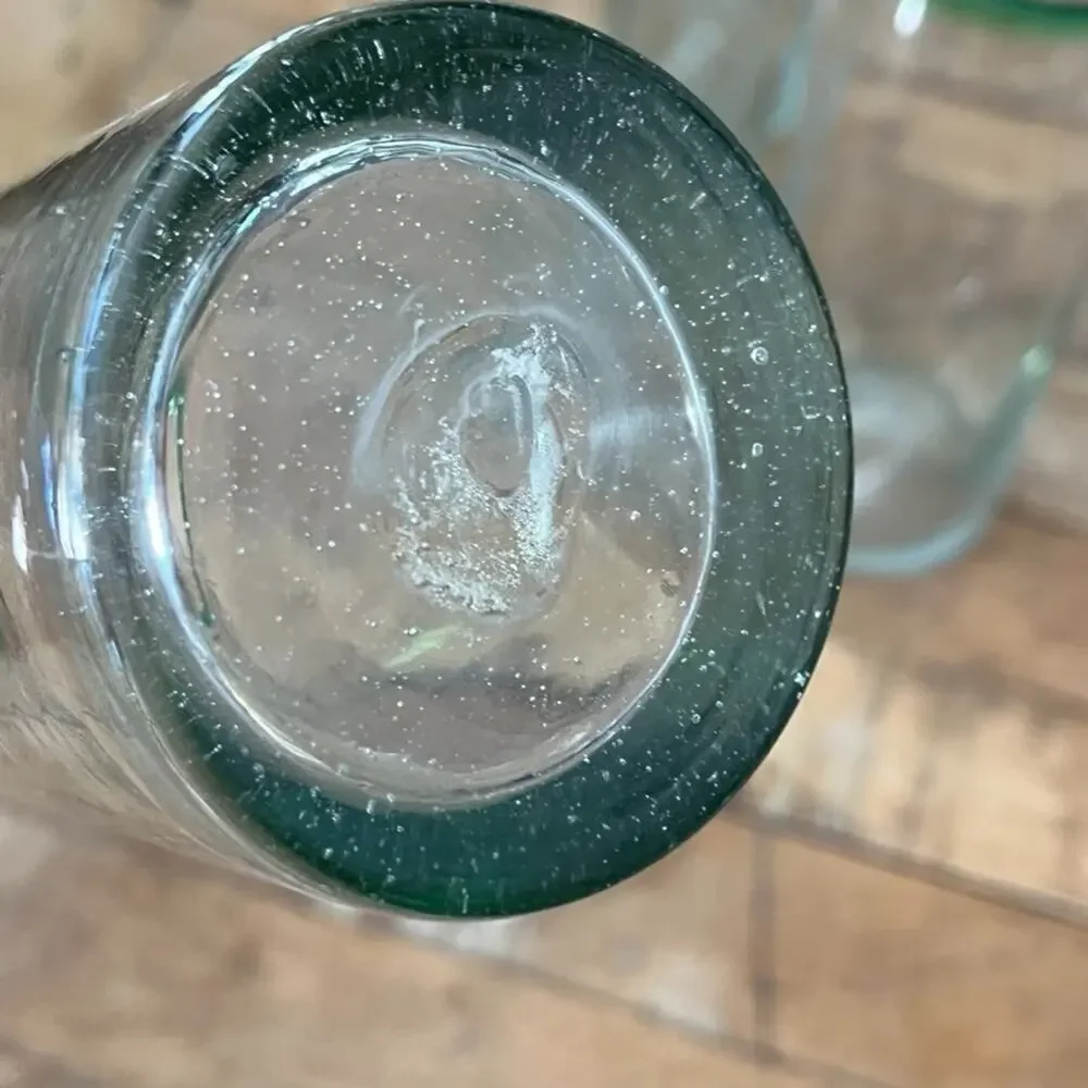 Hand Blown Mexican Green Rim Highball Glass Tumblers 7